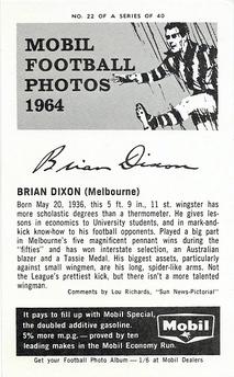 1964 Mobil Football Photos VFL #22 Brian Dixon Back